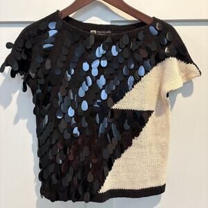 Vintage Organically Grown Sweater Women Medium Black Cream Sequin Knit Retro 80s